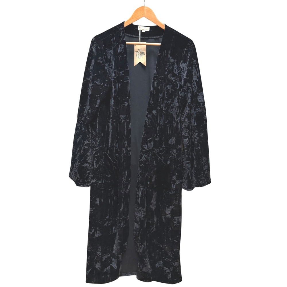 Turquoise Haven Cardigan Women L/XL Black Crushed Velvet Duster Boho Bell Sleeve